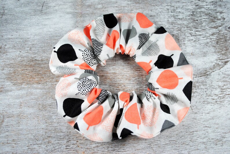 Modern Print Hair Scrunchies Peach White Hair Scrunchies with Orange Gray and Peach Colored Cotton Hair Scrunchies and Black Print Gray