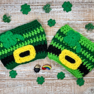 St. Patrick's Day Shamrock Crochet Coffee Cup Cozy, St. Paddy's Day Crochet Cozy, Shamrock Crochet Cup Sleeve, Coffee Tumbler Cozy