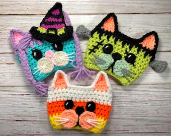 Trick or Treat Kitten Gang Crochet Coffee Cup Cozy Pattern, Halloween Cup Cozy, Witch Cup Cozy, Frankenstein Cup Cozy, Candy Corn Cup Cozy