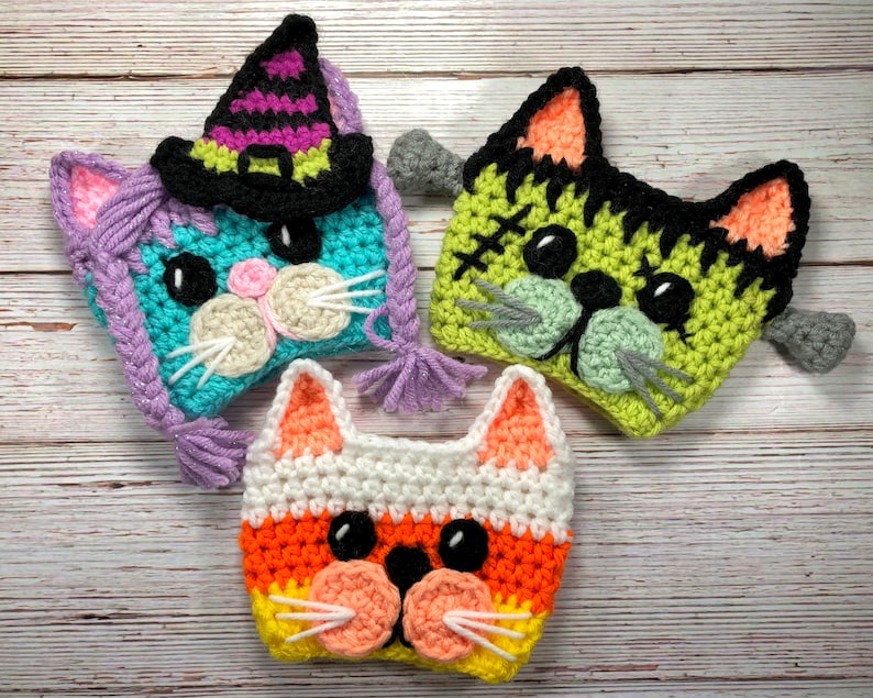 Trick or Treat Kitten Gang Crochet Coffee Cup Cozy Pattern, Halloween Cup Cozy, Witch Cup Cozy, Frankenstein Cup Cozy, Candy Corn Cup Cozy image 1