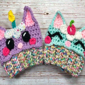 Birthday Cupcake Kitty Crochet Coffee Cup Cozy Pattern, Kitten Cupcake Crochet Cozy Pattern, Cute Kitten Crochet Cozy Pattern