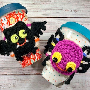 Halloween Bat and Spider Appliqué Crochet Coffee Cup Cozy Pattern, Halloween Cup Cozy Pattern, Spider Cozy Pattern, Bat Cozy Pattern image 1