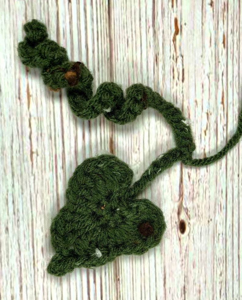 May include: Handmade crochet vine and leaf in a deep green color. The vine has a twisted shape with small brown accents, and the leaf is heart-shaped. The piece is set against a light wood grain background.