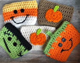 Halloween Crochet Coffee Cup Cozies / Crochet Coffee Tumbler Sleeves / Crochet Koozies / Spooky Halloween Cozies