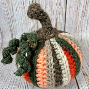 May include: A handmade crochet pumpkin in shades of orange, green, gray, and brown. The pumpkin has a stem and vine detail. The pumpkin is a decorative item.