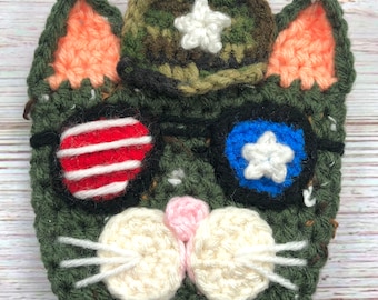 Veteran's Kitty Crochet Coffee Cup Cozy Pattern, Military Cat Crochet Cozy Pattern, Army Cat Crochet Pattern, Patriotic Cat Crochet Cozy