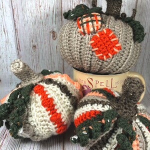 May include: A collection of handmade crochet pumpkins in various sizes and colors. The pumpkins feature shades of gray, orange, white, and green, with detailed stitching and stem accents. One pumpkin rests on a mug with the text "I PUT A SPELL ON YOU".