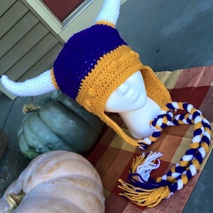 Crochet Vikings-inspired Helmet, Crochet Vikings hat, Purple and Gold Crochet Helmet