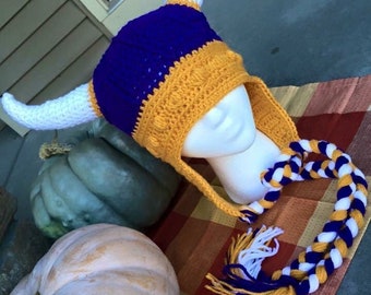 Crochet Vikings-inspired Helmet, Crochet Vikings hat, Purple and Gold Crochet Helmet one size fits most