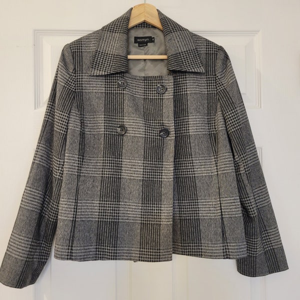Pea coat women Vintage plaid coat Retro gray coat