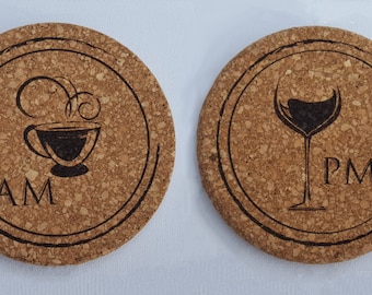 Round Cork Coasters Coffee Front and Wine Back Set of 4