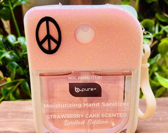 Strawberry Cake Scented Hand Sanitizer + Custom Silicone Case with Keychain - Peace Sign