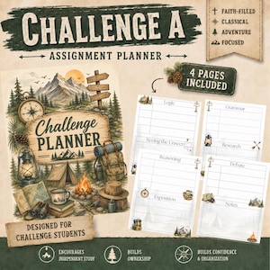 May include: A Challenge A Assignment Planner with a wilderness theme featuring mountains, a tent, a campfire, and a compass. The planner includes four pages with sections for Logic, Grammar, Research, Reasoning, Exposition, Debate, and Notes.