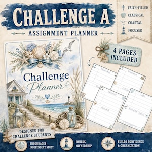 May include: A Challenge A Assignment Planner with a coastal theme featuring a beach house, seashells, and a lighthouse. The set includes four pages with sections for reasoning, exposition, grammar, research, debate, logic, and seeing the unseen.