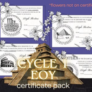 May include: A certificate pack featuring four certificates with floral accents and historical illustrations of the Colosseum, pyramids, and Greek columns. The certificates are for exceptional students in classical conversations.