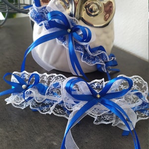 Pretty duo of white lace garters trimmed with royal blue satin ribbon bows image 4