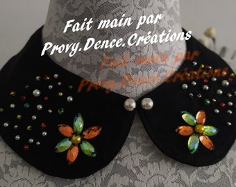 Faux collar Claudine in black cotton, decorated with rhinestones and pearls of various colors