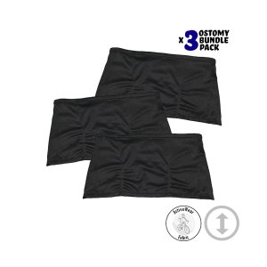 May include: Three black, stretchy, waist-high bands with a '3 x Ostomy Bundle Pack' label. The bands are made of 'Active Wear Fabric' and are designed to be worn under clothing.
