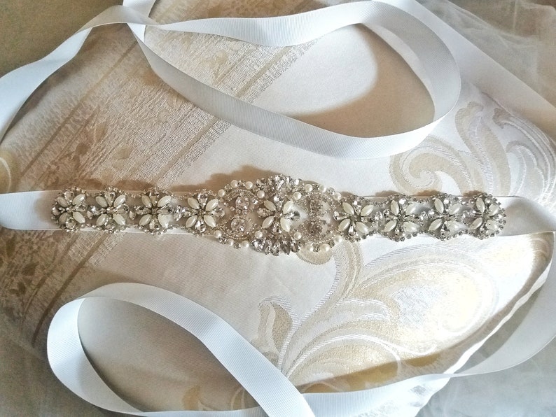 Handmade Silver Bridal Sash Belt with rhinestones and pearls