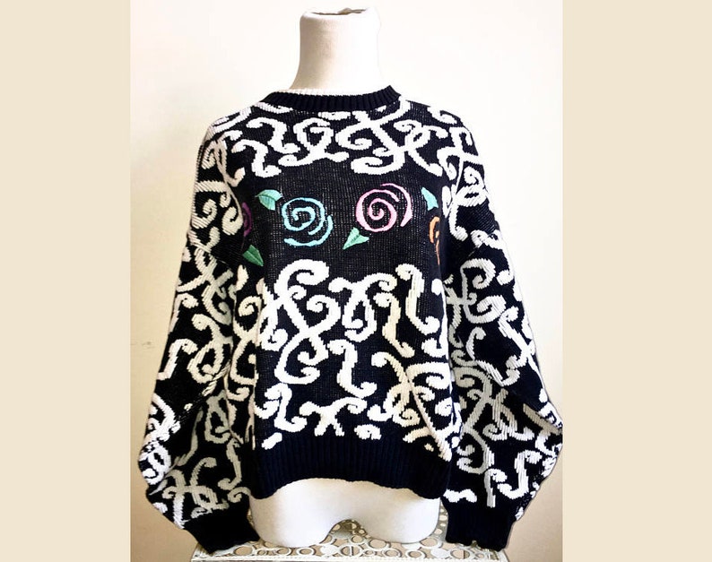 Vintage *Ugly* Sweater 80s Style Streetwear Pullover Winter SweatShirt Warm Knit Cold Weather Sweater Crazy 1980s Rose Pattern