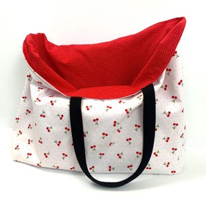reusable cotton shopping bag, washable cloth grocery bag, reversible fabric market tote bag, red cherries and polka dot shoulder bag