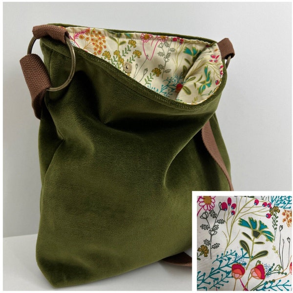 Green Velvet Crossbody Purse, Washable Purse, Over the Shoulder Purse, Foldable Purse, Boho Purse, Cloth Crossbody Purse, Shoulder Bag