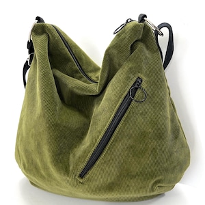 Bolso de pana con cremalleras, bolso de tela lavable, bolso de tela para el hombro, bolso bandolera holgado, bolso de pana verde, bolso de tela retro