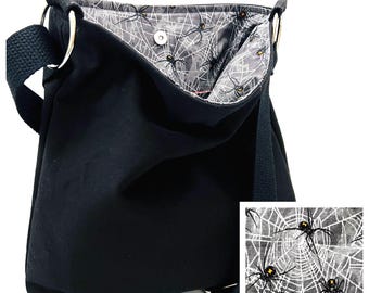 Gothic Black Crossbody Bag: Handmade Canvas Shoulder Purse, Black Widow Lining, Adjustable Strap