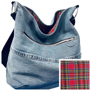 Upcycled Denim Crossbody Hobo Bag: Tartan Plaid Purse Made in USA