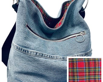 Bolso bandolera de mezclilla reciclada: bolso a cuadros escoceses fabricado en EE. UU.