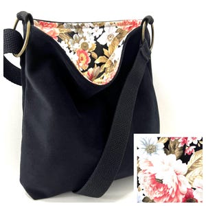 black velvet crossbody bag, washable cloth purse, fabric shoulder purse, foldable purse, cloth crossbody purse, black floral crossbody purse