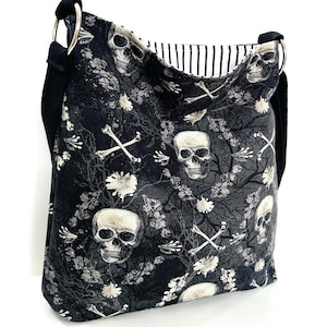 gothic crossbody purse with skulls, foldable canvas shoulder bag, washable slouchy purse, printed bag, gift for her, skull and rose bag