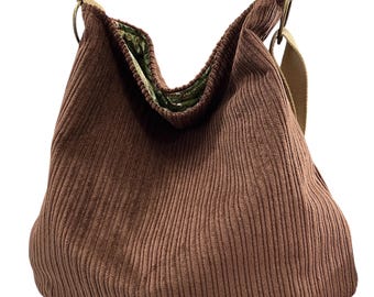 Corduroy Crossbody Hobo Bag: Mushroom Lined Slouchy Shoulder Bag