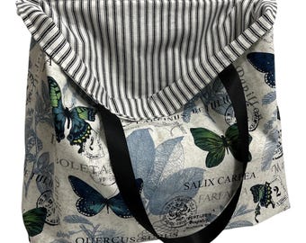 Butterfly Reversible Shopping Tote Bag: Handmade Cloth Grocery Bag