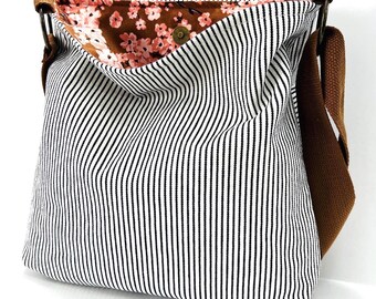 Handmade Hickory Striped Denim Crossbody Bag: Washable Slouchy Cotton