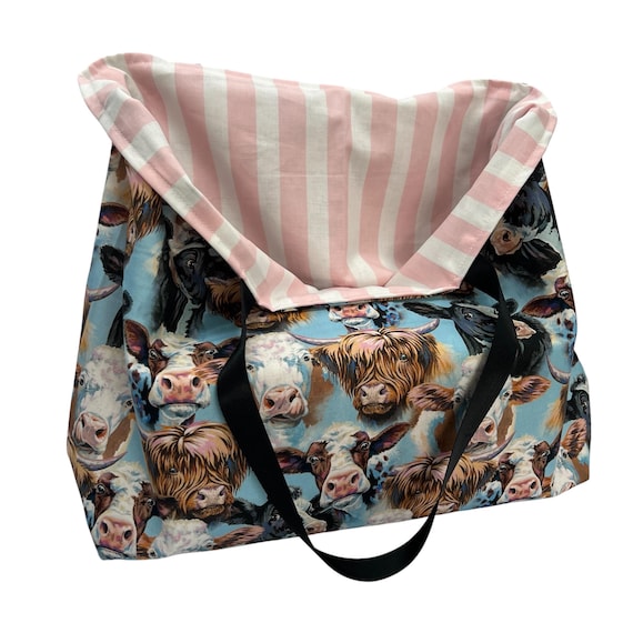 Highland Cow Reversible Cotton Shopping Bag: Handmade Market Tote 