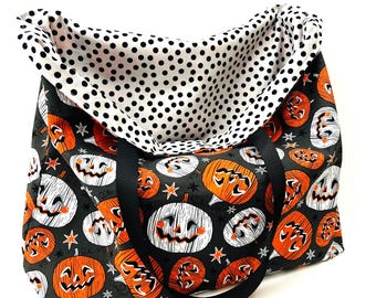 Reversible Jack o' Lantern Shopping Tote Bag: Reusable Halloween Trick or Treat Bag