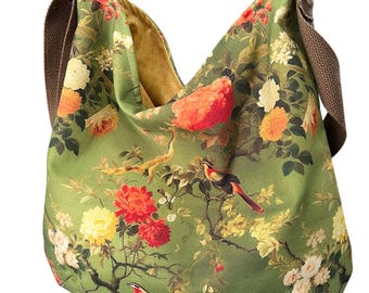 Victorian Bird Crossbody Hobo Bag: Handmade Purse, Adjustable Strap