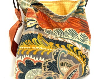 Slouchy Floral Canvas Crossbody Bag for Fall:  Machine Washable, USA Made