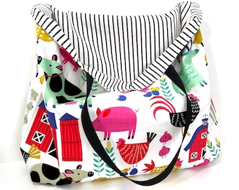 Reversible Farmhouse Market Tote Bag: Reusable Cotton Canvas Grocery Bag