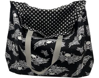 Reversible Skulls with Wings Shopping Tote Bag: Reusable Halloween Trick or Treat Bag