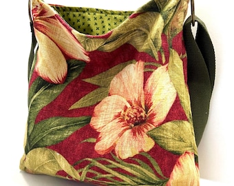 Tropical Floral Linen Crossbody Bag: Slouchy Hawaiian Print, Adjustable Strap