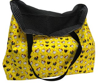 Handmade Cotton Shopping Bag: Reversible Chicken Print Market Tote