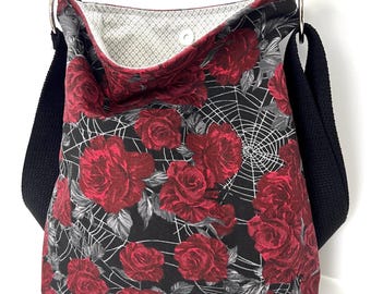 Gothic Rose & Spiderweb Crossbody Bag - Handmade Slouchy Canvas Purse
