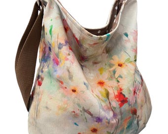 Spring Floral Crossbody Hobo Bag: Handmade Purse, Adjustable Strap, Watercolor Print