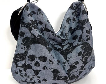 Skull Denim Crossbody Hobo Bag: Gothic Rave Shoulder Purse