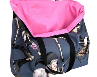 Pin Up Witch Reversible Cotton Shopping Tote: Rockabilly Halloween Bag