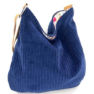 Large Corduroy Crossbody Hobo Bag: Royal Blue Cloth Purse, Adjustable Strap