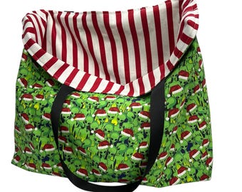 Reversible Alien Christmas Shopping Bag: Cotton UFO Grocery Market Tote