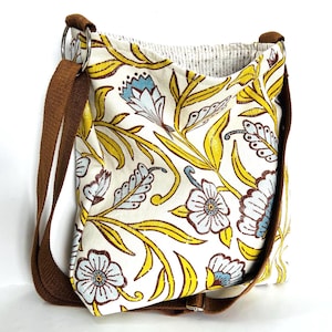slouchy floral canvas crossbody purse, cloth shoulder bag, washable cotton purse, floral canvas travel bag, BoHo floral crossbody bag